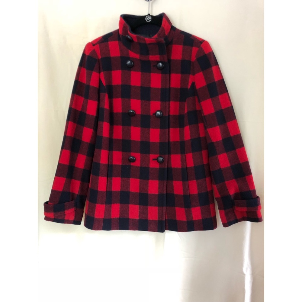 Talbots Red and Navy Buffalo Plaid Wool Peacoat